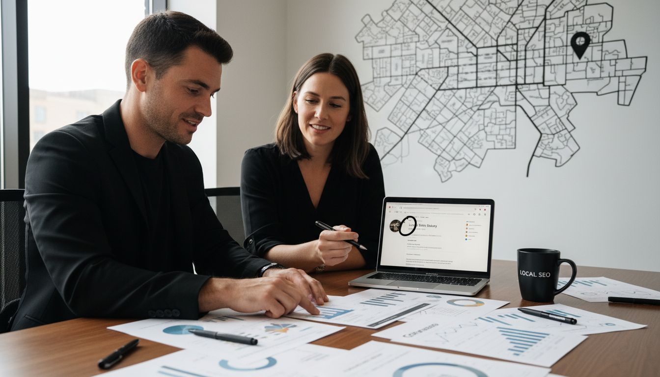 Two professionals analyze local SEO data charts and a laptop screen in a modern office setting.