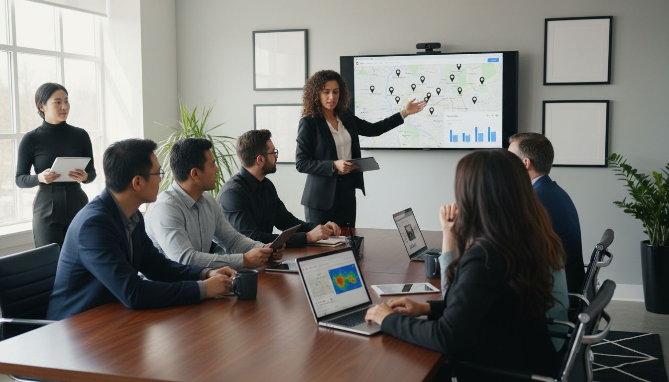A woman in a suit presents a digital map to colleagues during a meeting in a conference room.