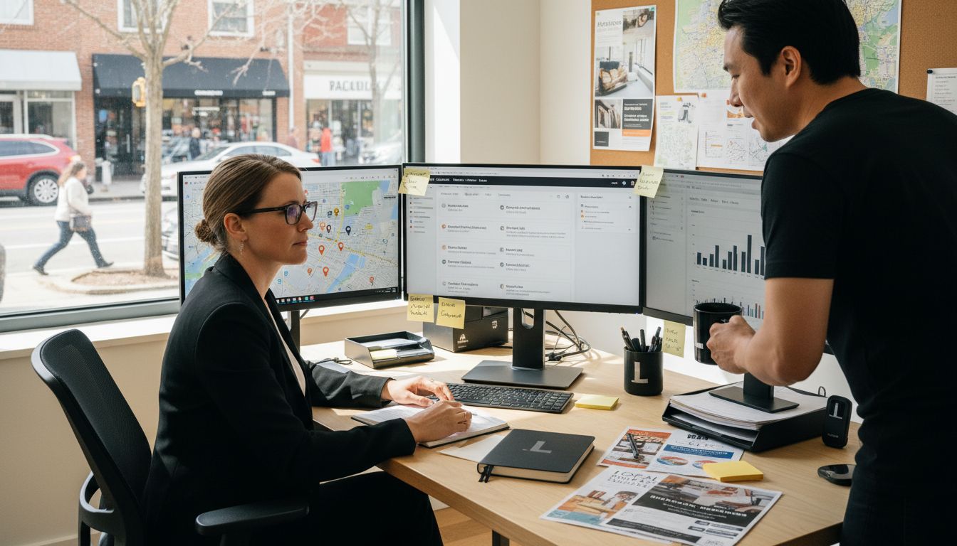 A woman in a blazer works at a desk with three monitors while a colleague assists her.