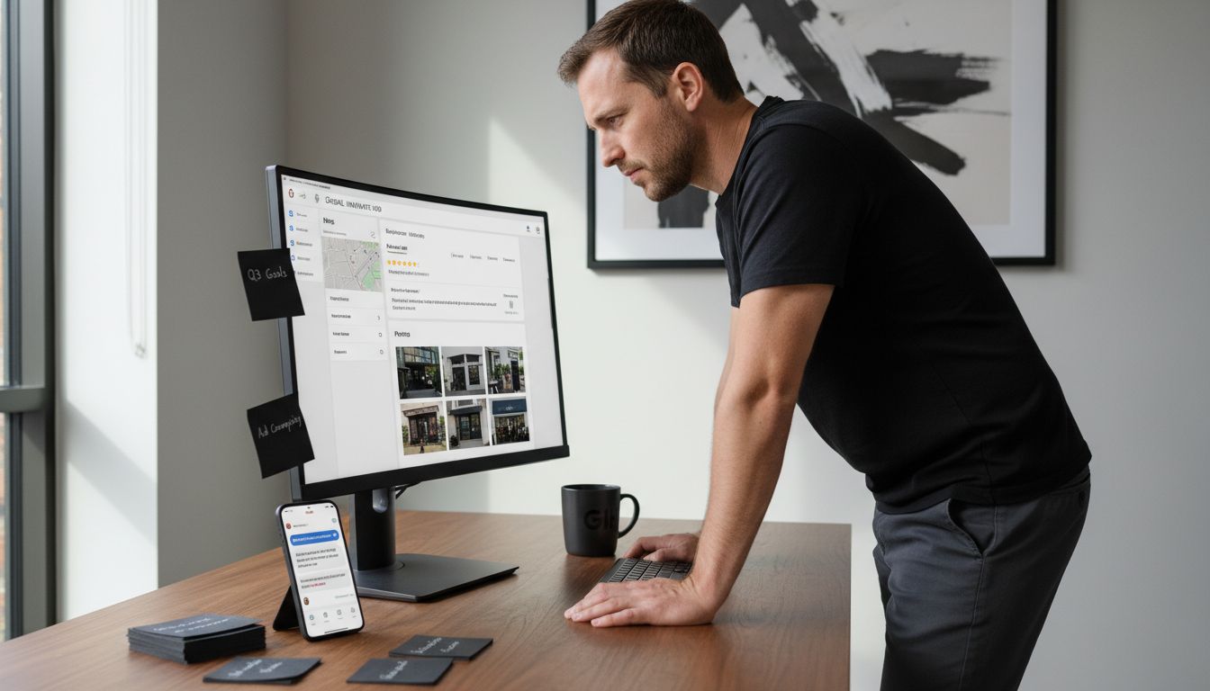 A man in a black t-shirt leans over a wooden desk while reviewing business data analytics.