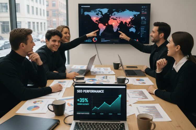 A professional team in a business meeting reviewing global performance data on a large digital world map.
