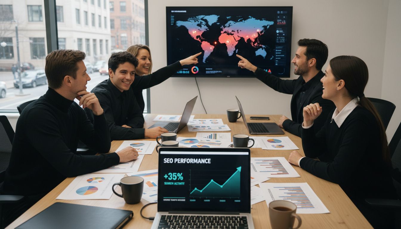 A professional team in a business meeting reviewing global performance data on a large digital world map.