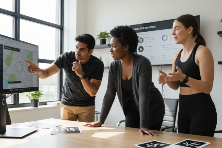 Three diverse colleagues in an office discuss data on a computer screen and a wall monitor.
