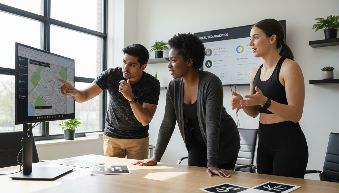 Three diverse colleagues in an office discuss data on a computer screen and a wall monitor.