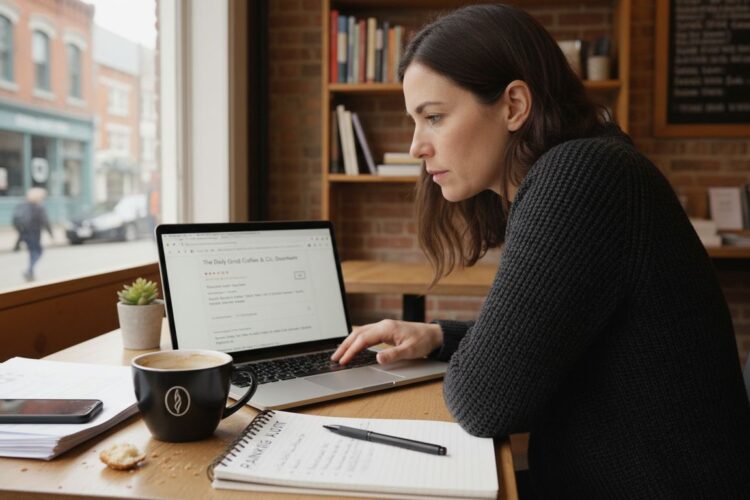 A focused woman in a gray sweater works on her laptop inside a cozy brick-walled cafe.