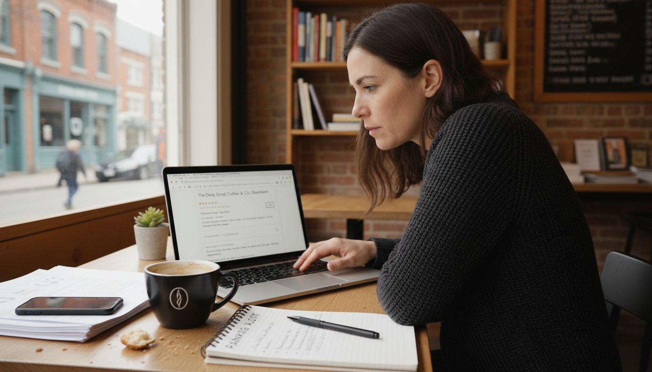 A focused woman in a gray sweater works on her laptop inside a cozy brick-walled cafe.