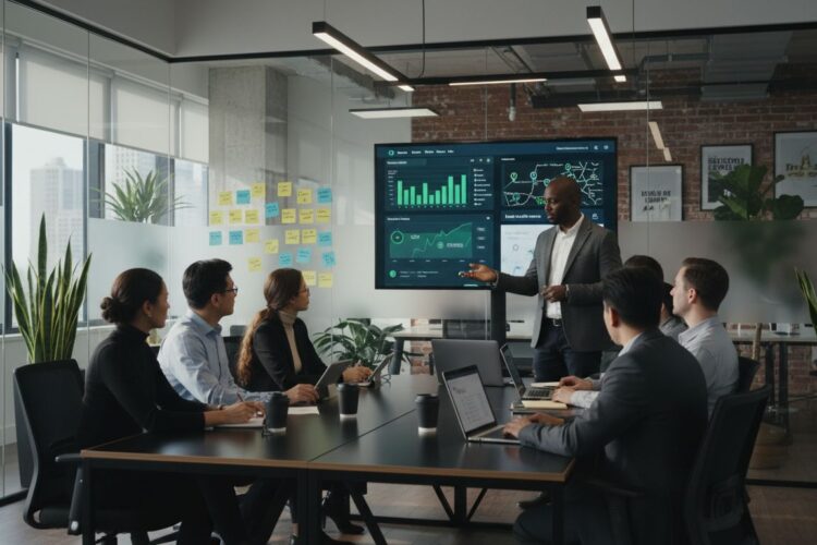 A professional presenter explains data charts on a screen to a focused group in a modern office.