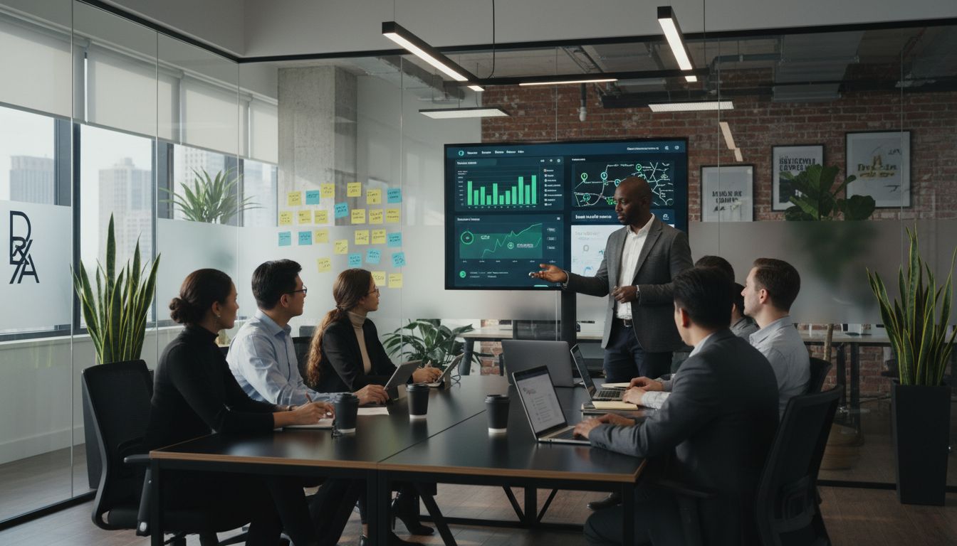 A professional presenter explains data charts on a screen to a focused group in a modern office.