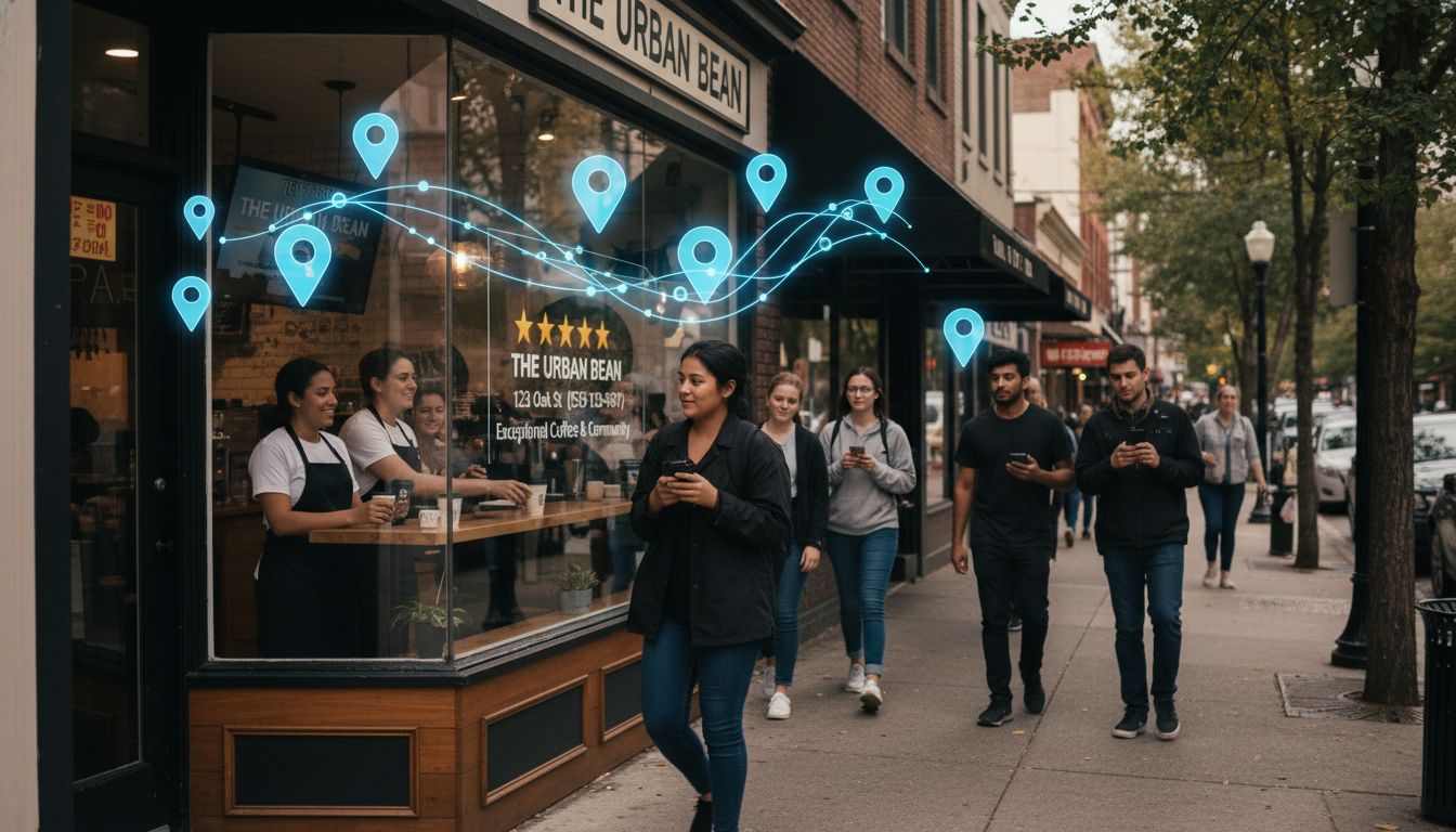 People walking past The Urban Bean coffee shop while blue digital location pin icons float overhead outdoors.