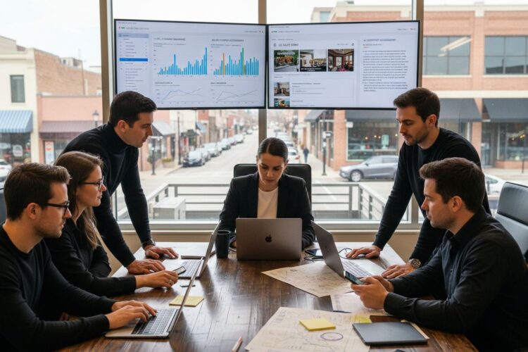 Professional team analyzing data charts on large monitors during a collaborative office meeting using laptops and papers.