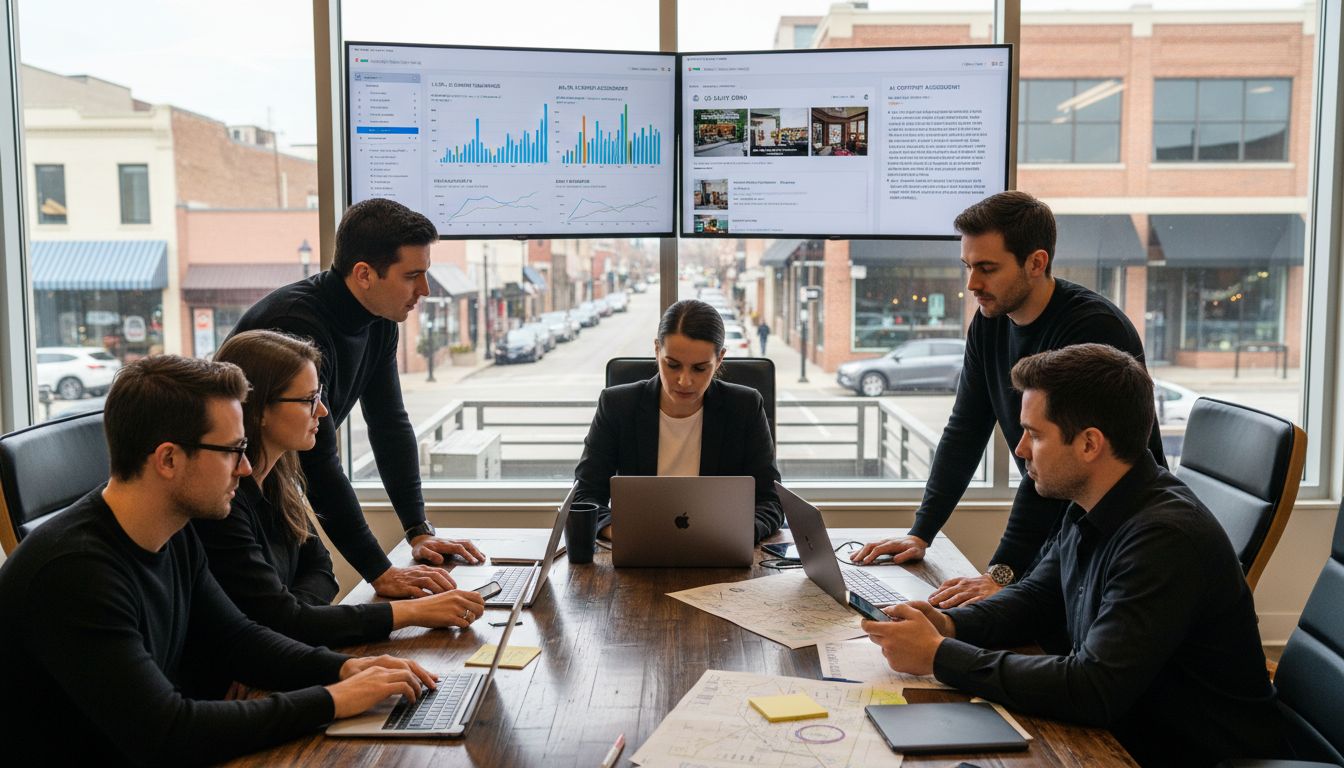 Professional team analyzing data charts on large monitors during a collaborative office meeting using laptops and papers.