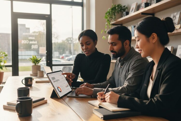 Three diverse professionals sitting at a desk in a bright office reviewing SEO analytics on a tablet.