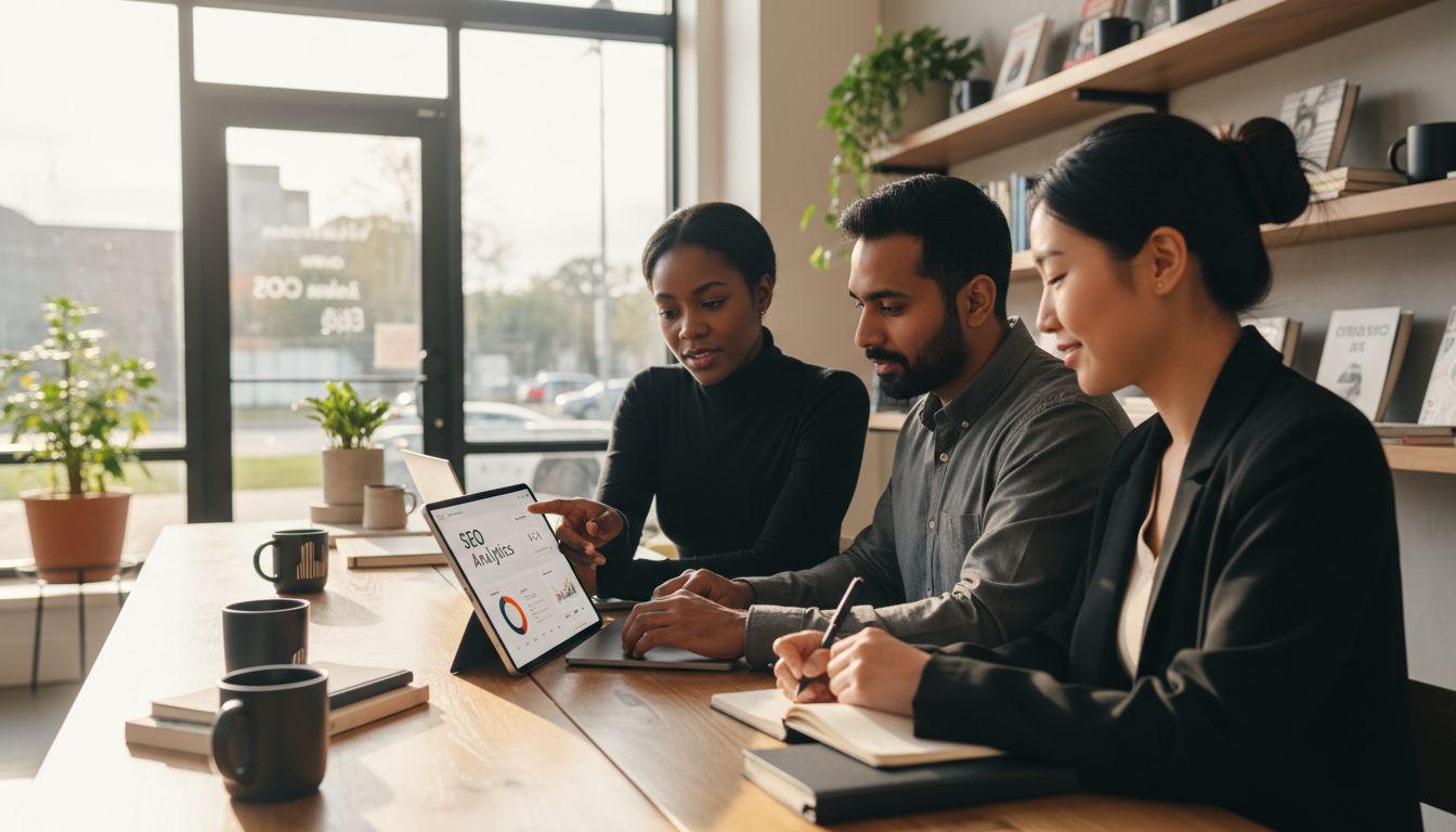 Three diverse professionals sitting at a desk in a bright office reviewing SEO analytics on a tablet.