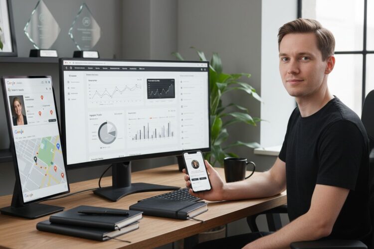 A man sits at a desk with multiple monitors displaying data dashboards while holding a smartphone.