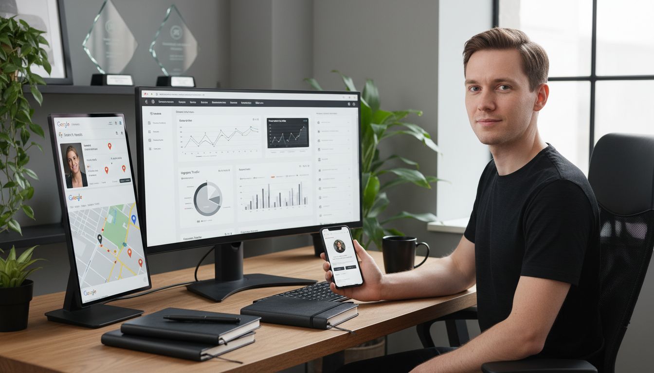 A man sits at a desk with multiple monitors displaying data dashboards while holding a smartphone.