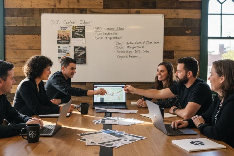 A team of diverse professionals collaborates around a wooden table during a strategic SEO brainstorming session.