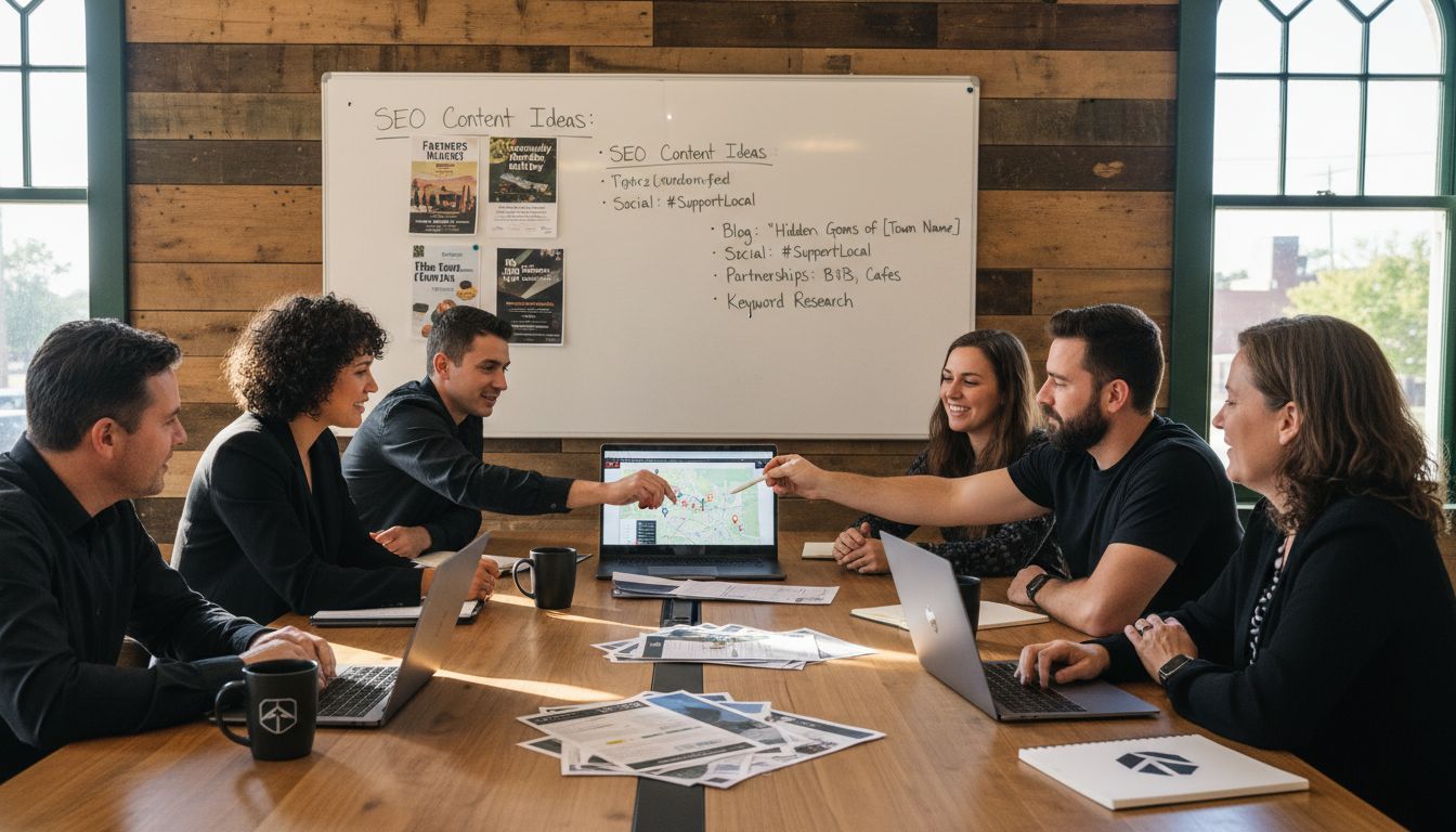 A team of diverse professionals collaborates around a wooden table during a strategic SEO brainstorming session.