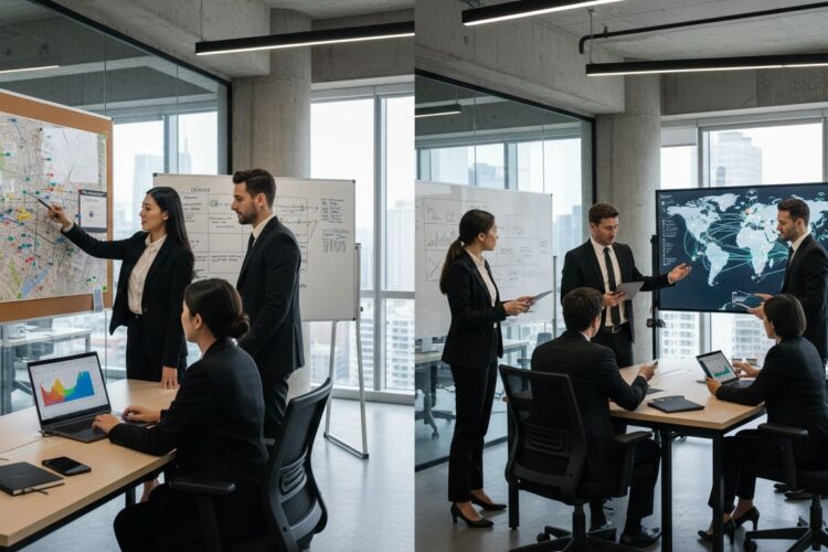 Professional business teams collaborating in a modern office using maps, whiteboards, and digital displays for planning.