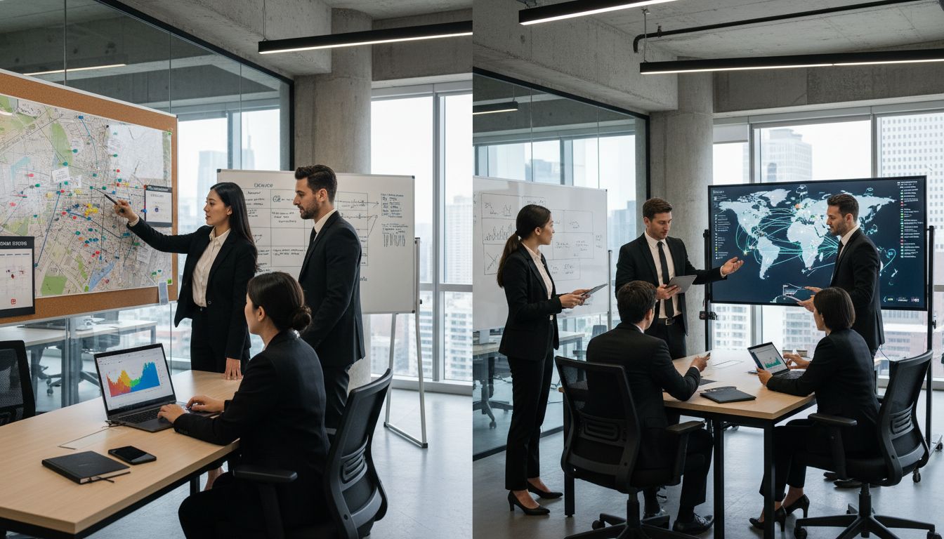 Professional business teams collaborating in a modern office using maps, whiteboards, and digital displays for planning.