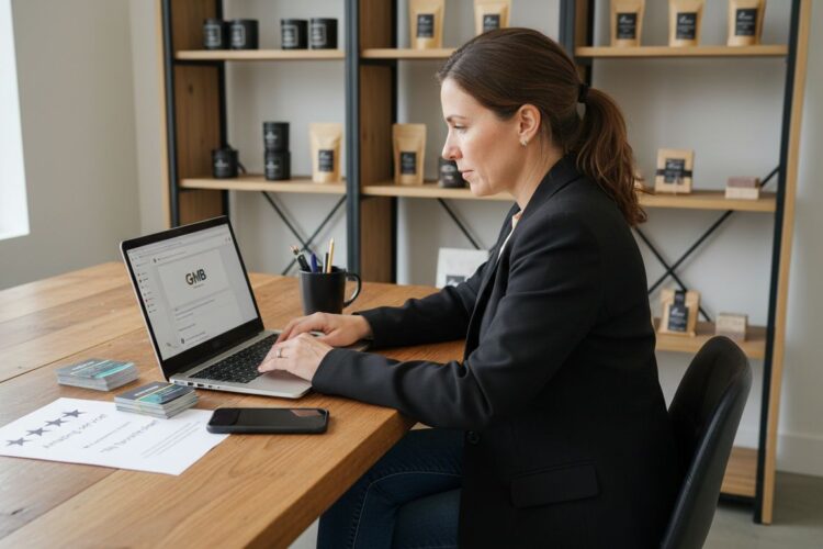 A woman in a black blazer works on a laptop at a wooden desk with shelves.