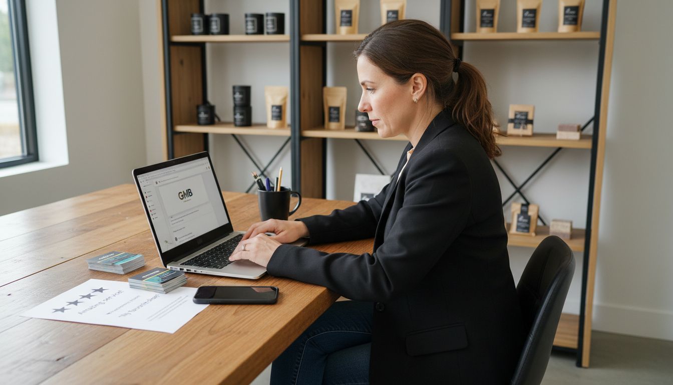 A woman in a black blazer works on a laptop at a wooden desk with shelves.