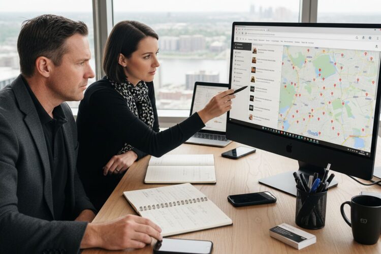Two business professionals sit at a desk analyzing data and map pins on a large computer screen.