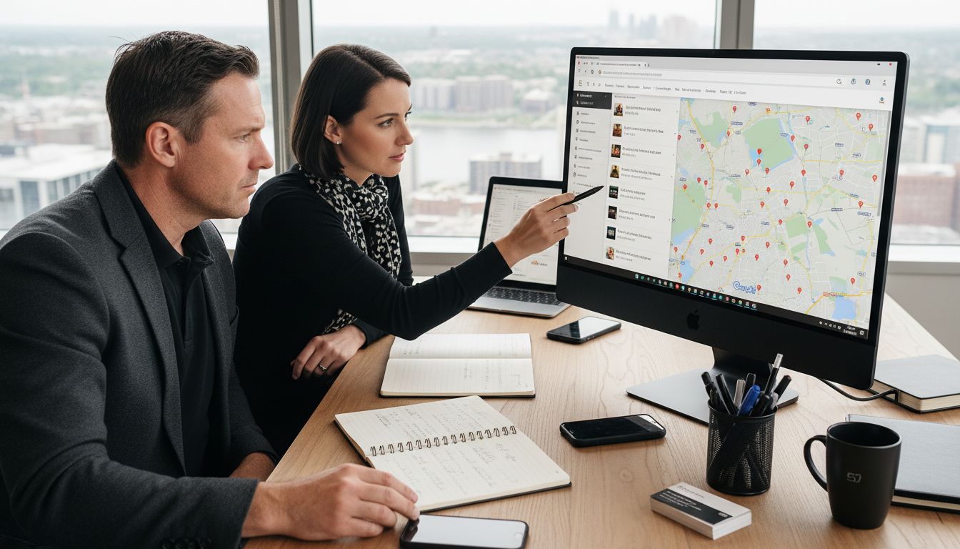 Two business professionals sit at a desk analyzing data and map pins on a large computer screen.