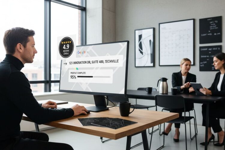 Man at desk views a Google business profile overlay on monitor with colleagues in office background.