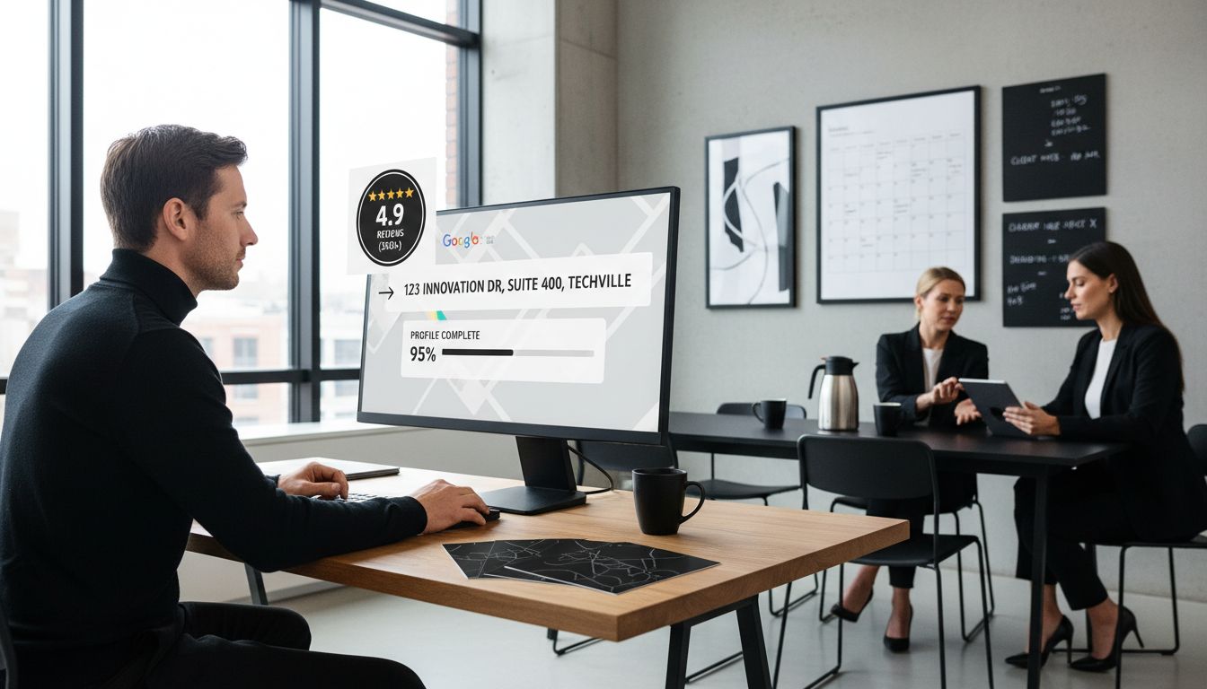 Man at desk views a Google business profile overlay on monitor with colleagues in office background.