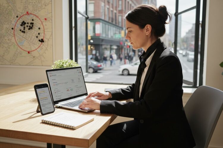 A professional woman in a black blazer works on her laptop at a desk near a window.