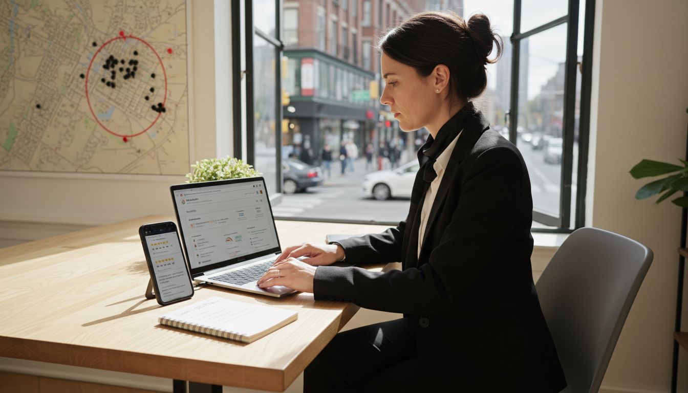 A professional woman in a black blazer works on her laptop at a desk near a window.