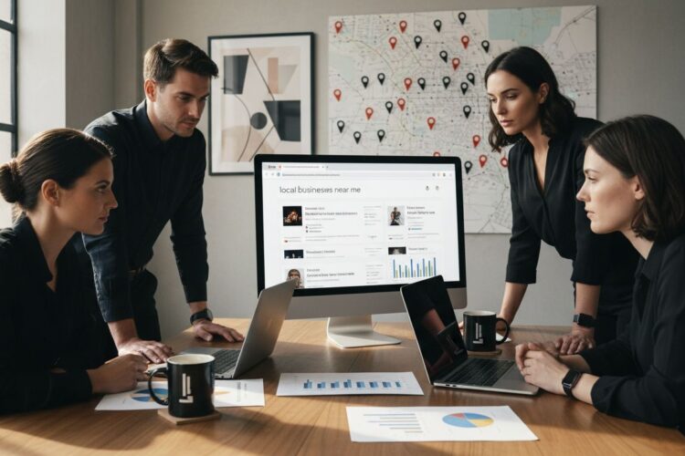 Four professionals review local business search results on a computer monitor while sitting around a conference table.