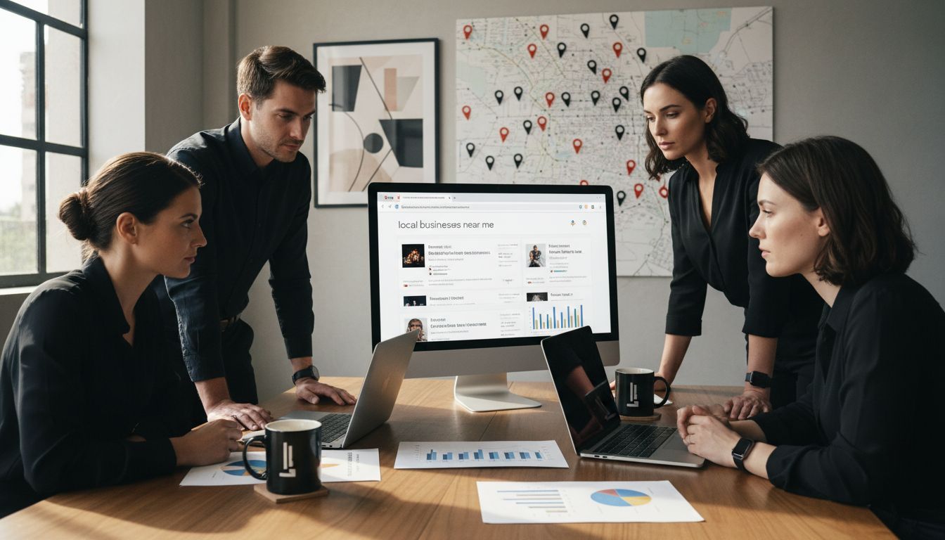 Four professionals review local business search results on a computer monitor while sitting around a conference table.