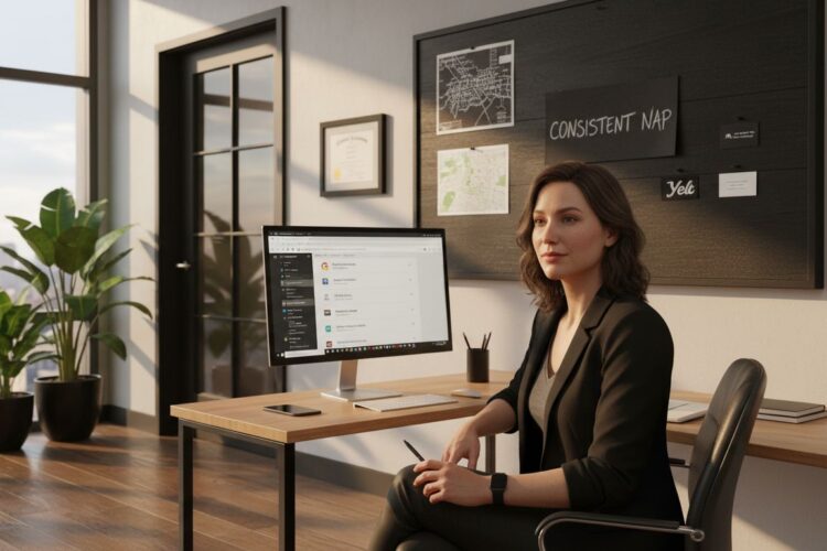 Woman sitting at a modern office desk with a computer, notebook, and phone, in a sunlit workspace with plants and a wall board behind her that reads “Consistent Nap.”