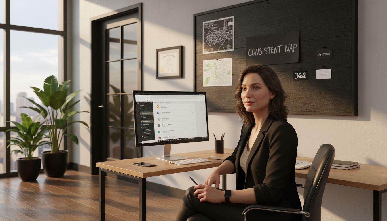 Woman sitting at a modern office desk with a computer, notebook, and phone, in a sunlit workspace with plants and a wall board behind her that reads “Consistent Nap.”