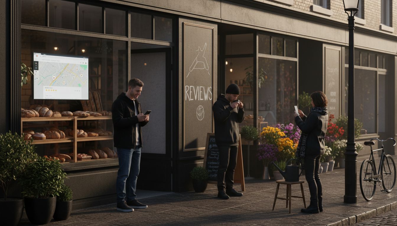 Three people using smartphones while standing on a sidewalk outside a storefront bakery and a florist.