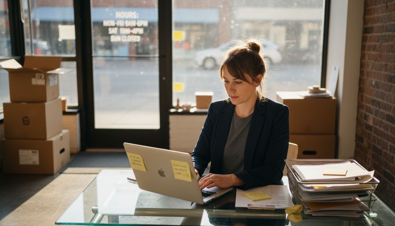 A woman in a blazer works on a laptop at a glass desk near shipping boxes.