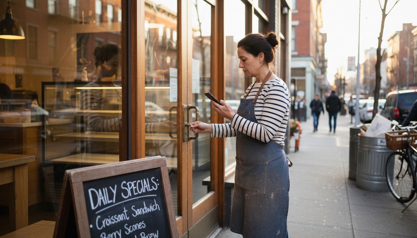A female bakery owner in a striped shirt and blue apron unlocks her shop door while scrolling.