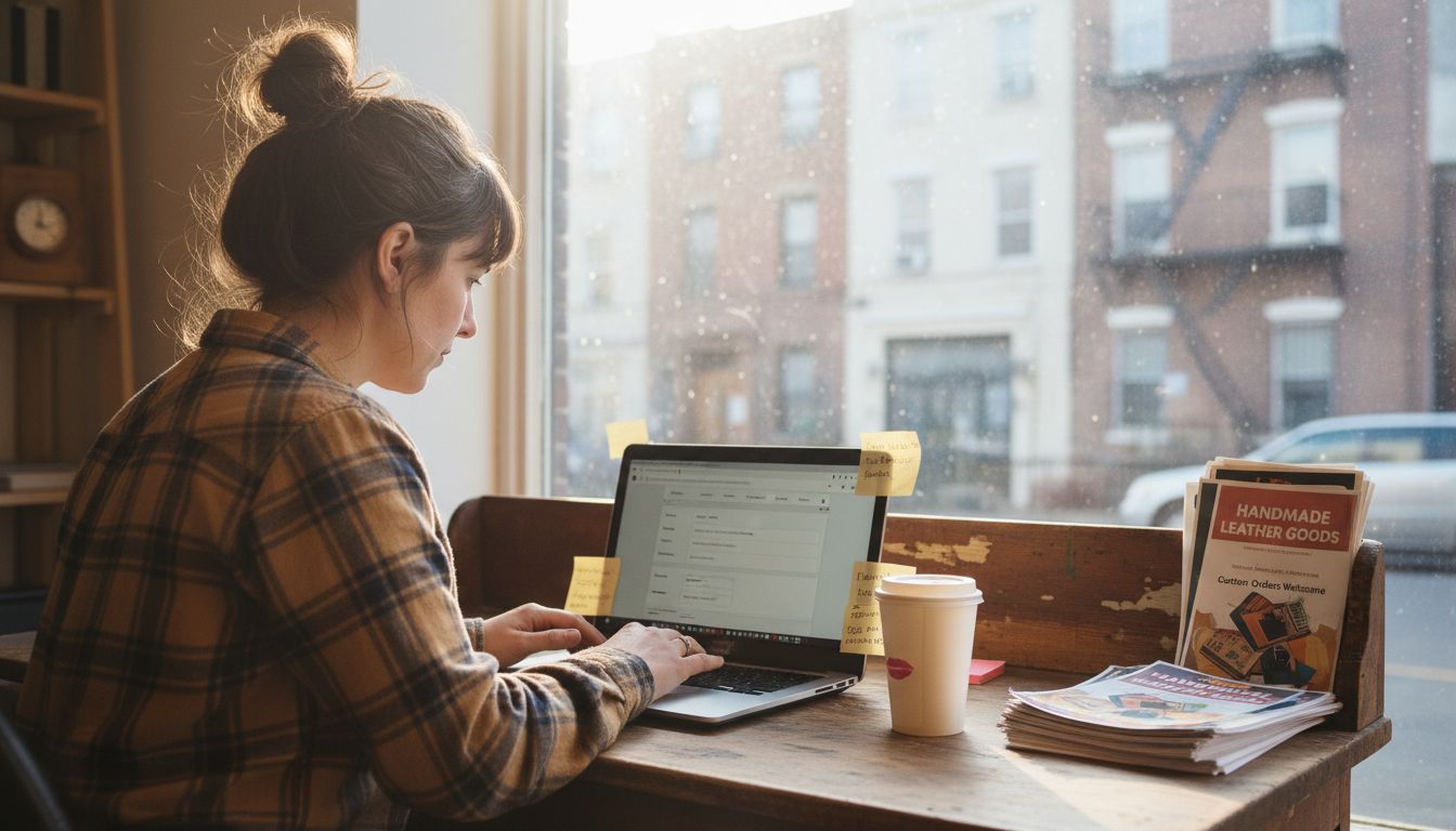 Woman in a plaid shirt working on a laptop at a cafe window with city views.