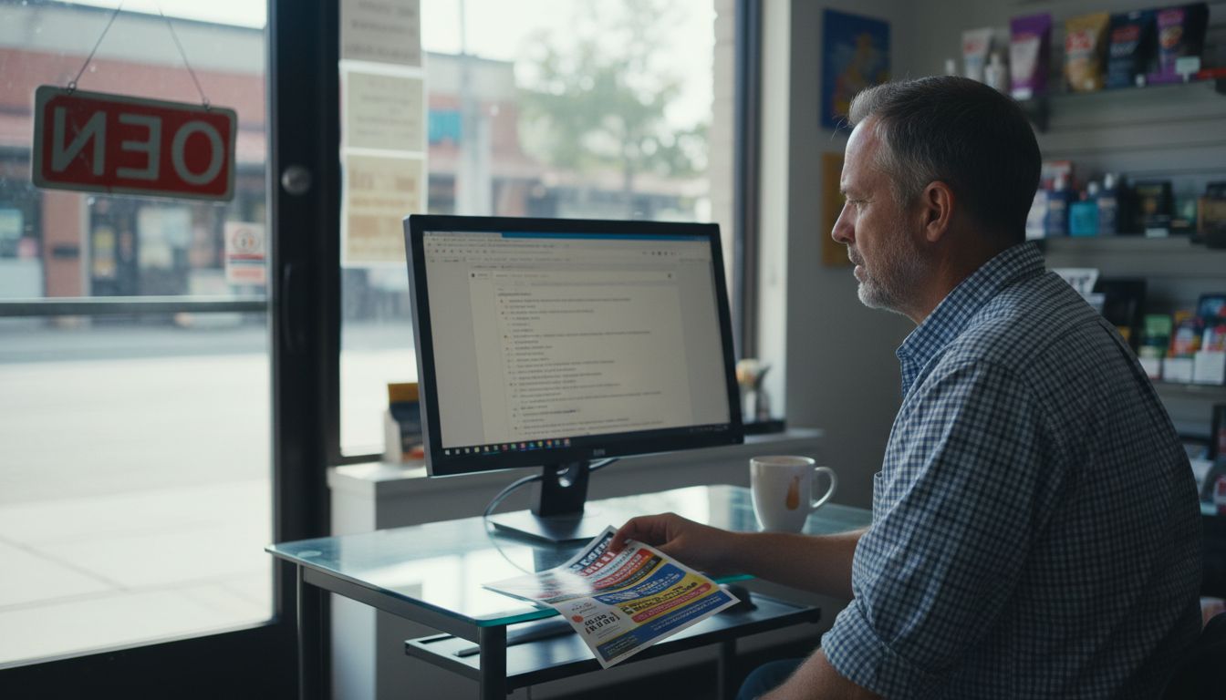 A man in a plaid shirt sits at a desk using a computer in a shop.