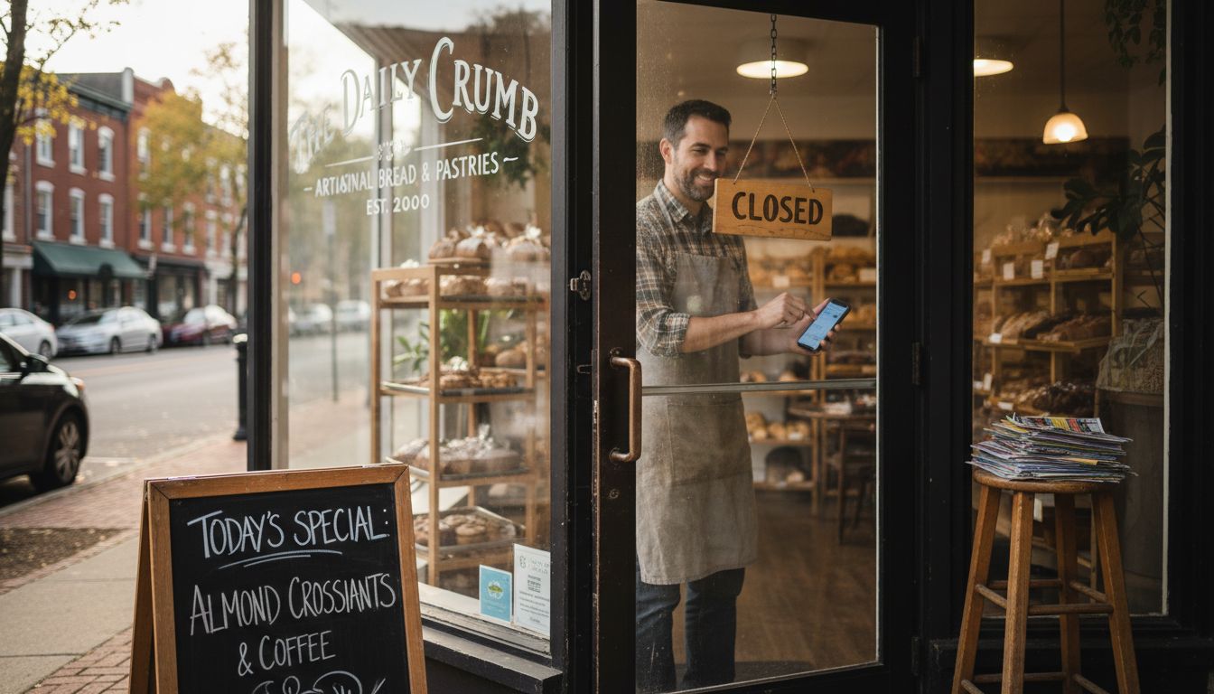 A smiling baker in an apron checks his smartphone behind a closed sign at The Daily Crumb.