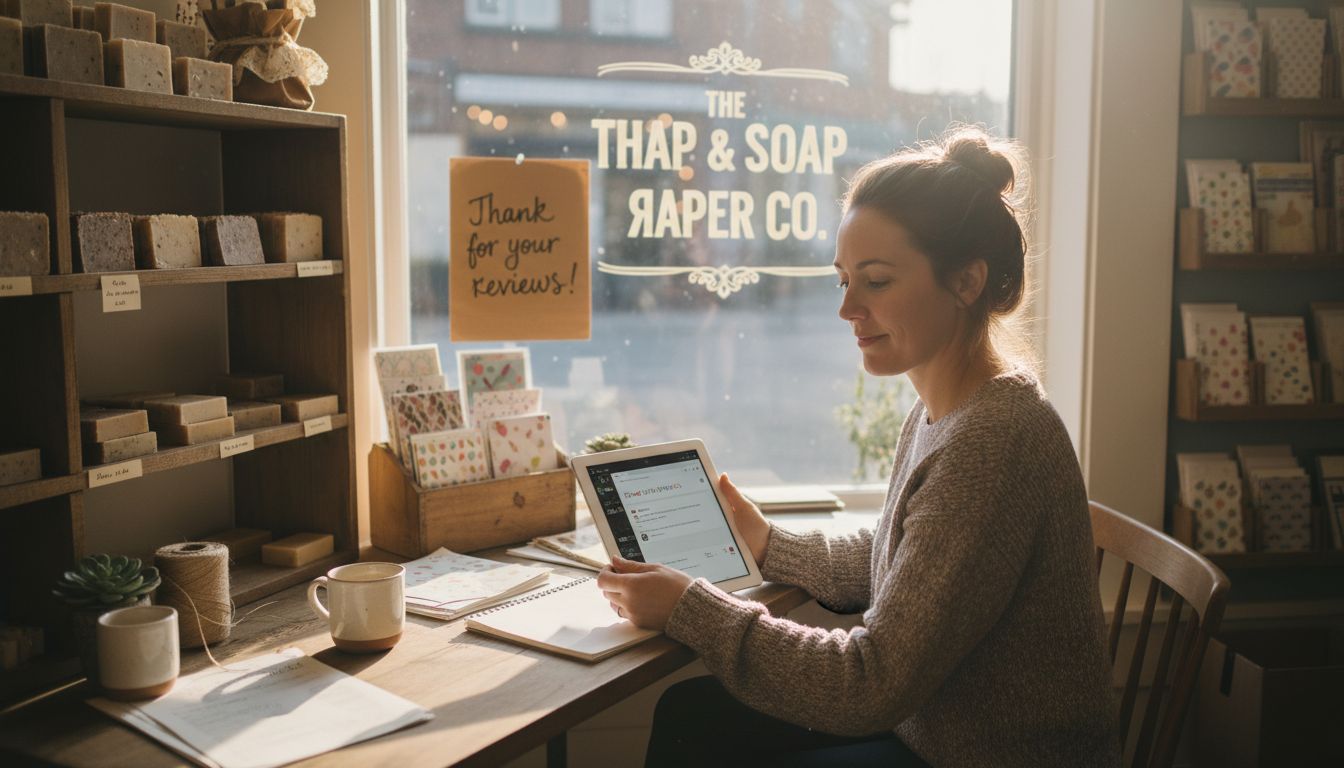 A woman sits at a desk in a soap shop while using a tablet for business management.