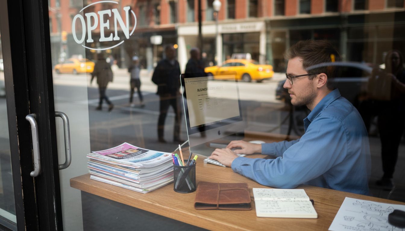 A man works on a computer behind a storefront window with an open sign in New York.