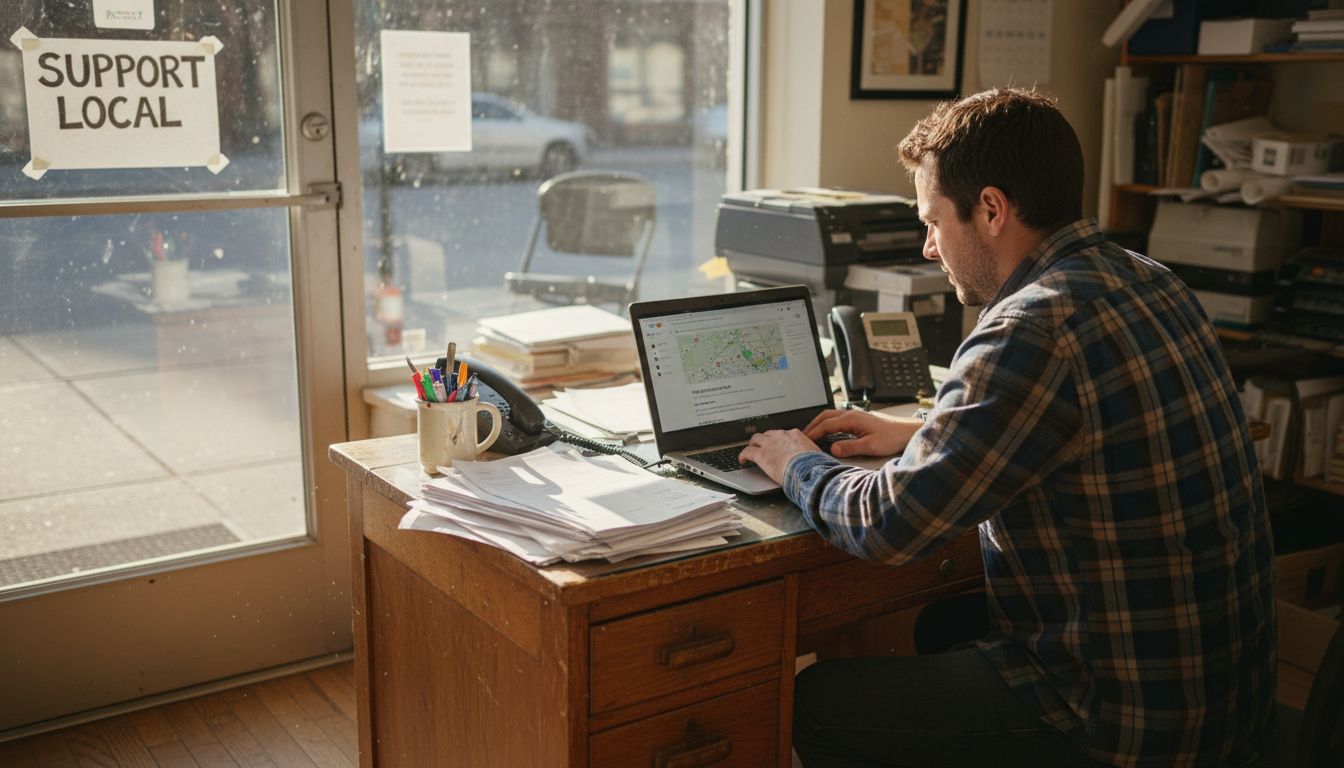 A man in a plaid shirt sits at a wooden desk using a laptop near a window.