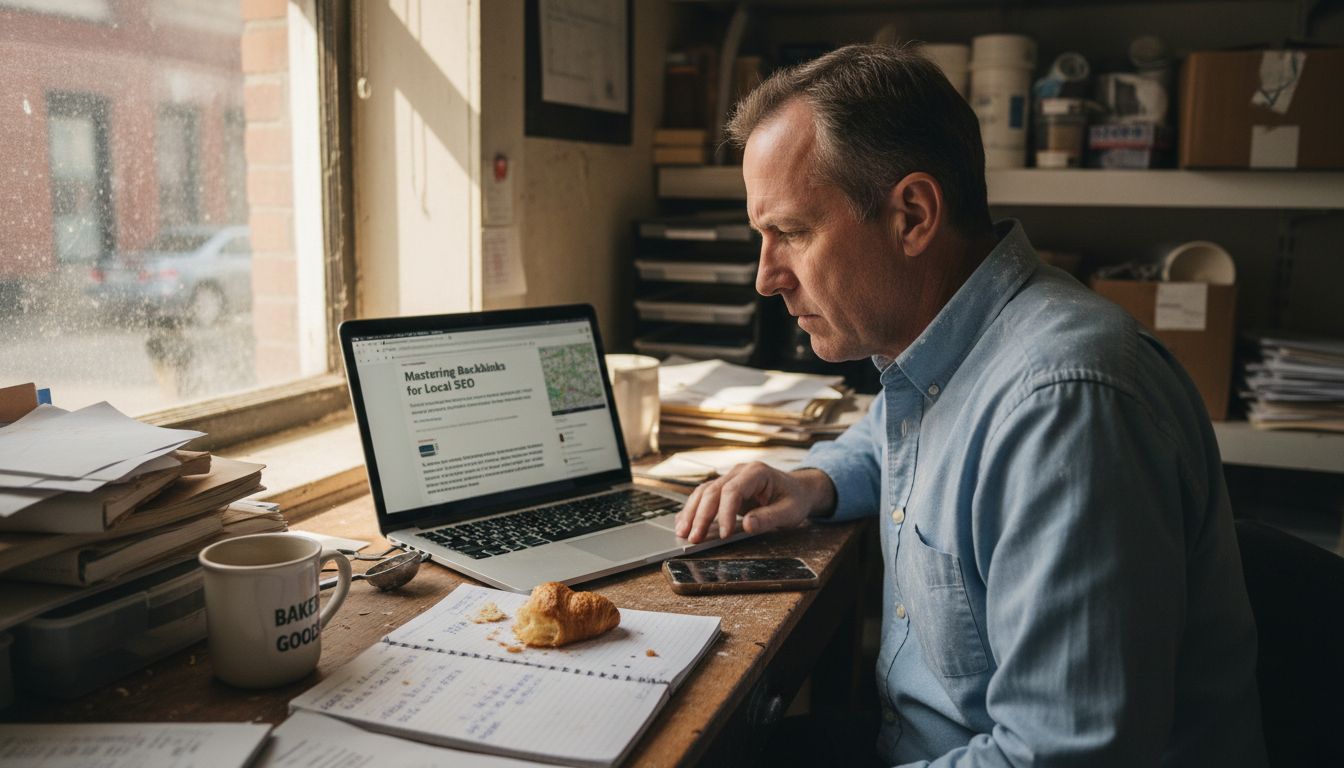 A man in a blue shirt works on a laptop at a cluttered desk with a croissant.
