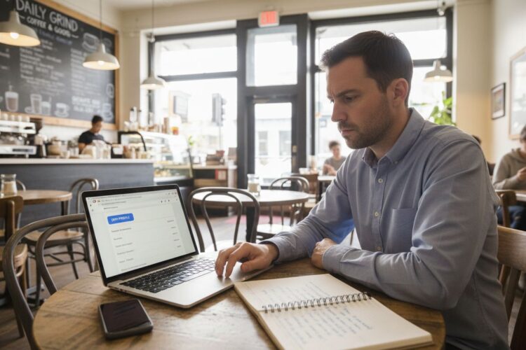 A focused man works on his laptop and takes notes in a notebook at a local cafe.