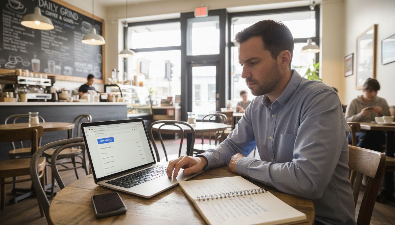 A focused man works on his laptop and takes notes in a notebook at a local cafe.