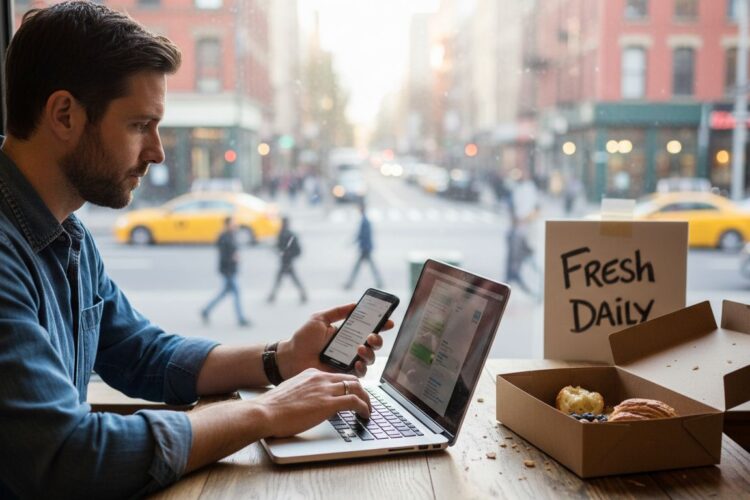Man using a laptop and smartphone while sitting by a window overlooking a busy city street.