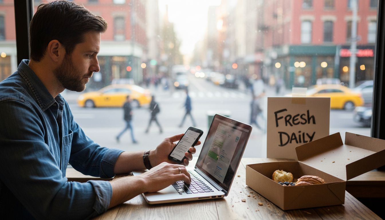 Man using a laptop and smartphone while sitting by a window overlooking a busy city street.