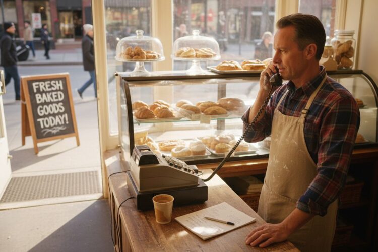 A male baker wearing an apron talks on a corded telephone behind a counter with fresh pastries.